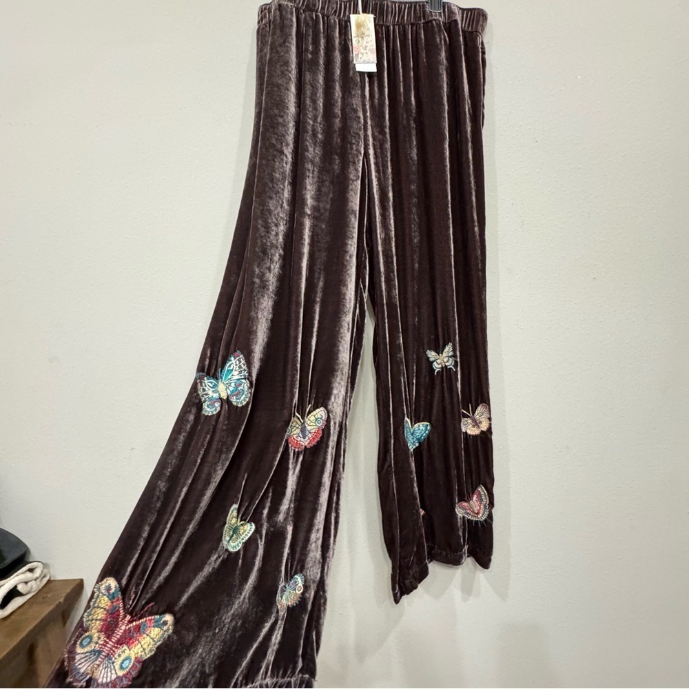 Johnny Was Lucia Butterfly Wide Leg Pants Large Brown Silk Blend Velvet - Picture 3 of 8